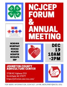 Flier describing the 2019 NCJCEP Forum and Annual Meeting on December 19th in Smithfield, NC