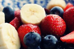 Bananas, strawberries, and blueberries