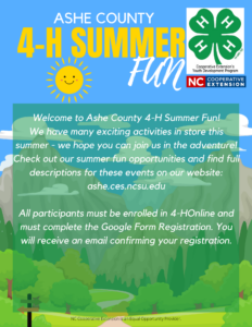 Welcome note for Ashe 4-H Summer Fun 2024